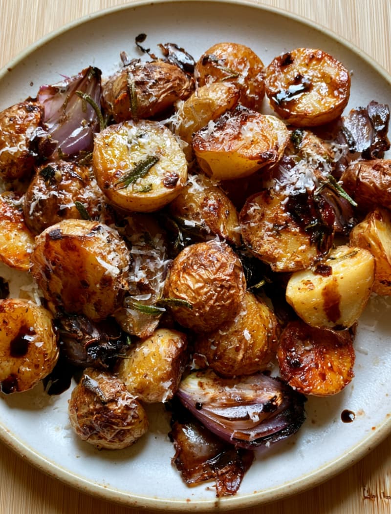 Balsamic Baby Potatoes with Red Onion & Parmesan Crust